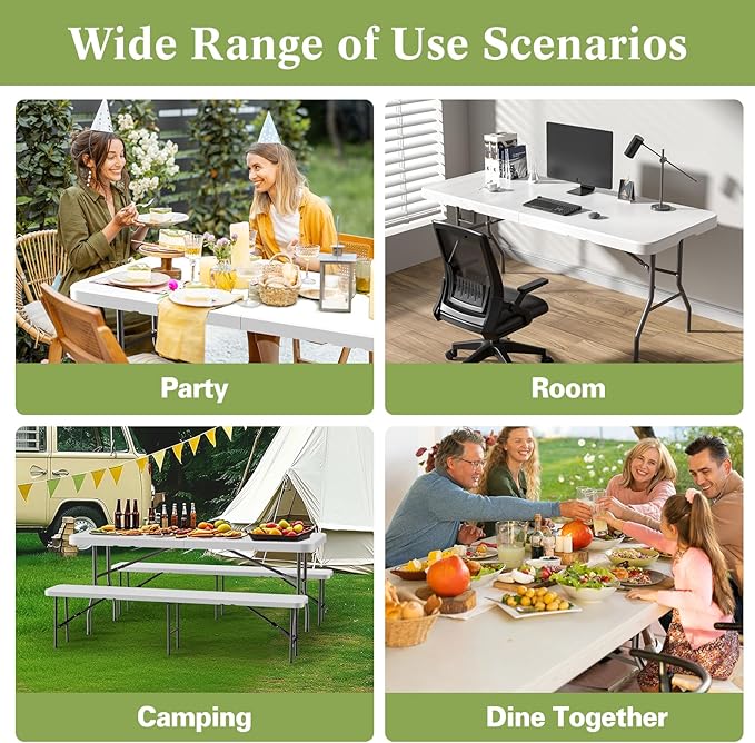 6ft Heavy-Duty Portable Outdoor Folding Table for 6 - Sturdy HDPE Top, 350lbs Capacity, Lockable Design, No Assembly (White) - Camping Parties Picnics