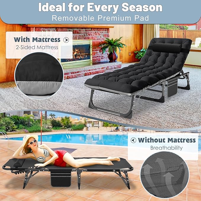 Slsy Sleeping Cots for Adults, 5-Position Folding Chaise Lounge Chairs Outdoor, Portable Folding Bed Cot Lounge Chair for Beach Lawn Camping Pool Sun Tanning