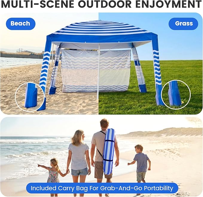 Zeraty Beach Cabana 8'×8', Portable Beach Canopy with Side Wall, Easy Pop Up UPF 50+ Silver-Coated Beach Tent Sun Shelter, Wind Resistant Adjustable Height Beach Umbrella Tent for Family, Navy Blue