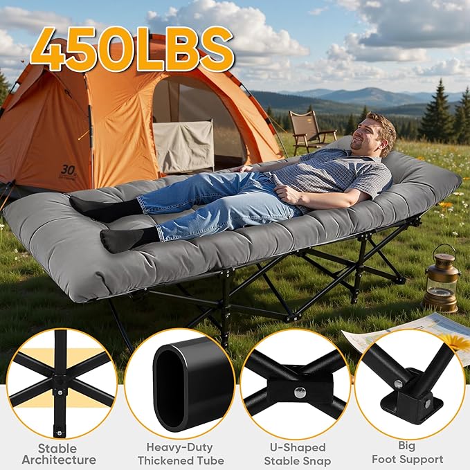 Northroad Camping Cot with Thick Mattress,Quick Set-Up Sleeping Cots Bed with Side Pocket for Outdoor Camping, Office Nap, Home Garden, Beach, Travel, Grey