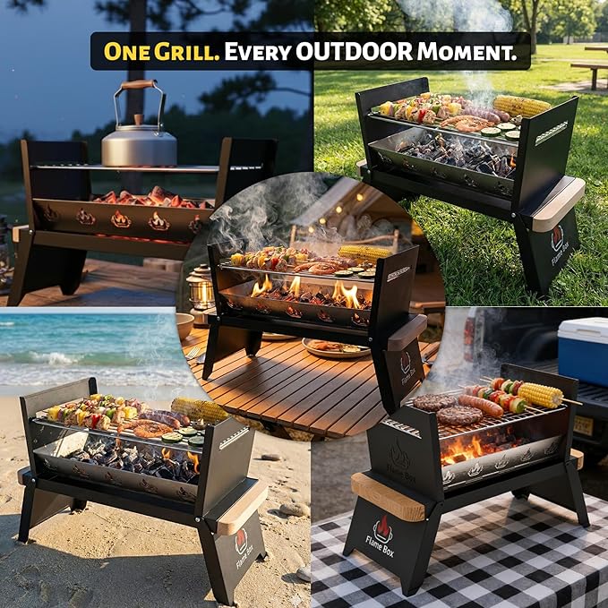 Nomad Portable Charcoal Grill – Ultra-Slim Folding BBQ for Outdoor Cooking, Camping & Travel | 304 Stainless Steel, Heat-Resistant Wood Handles, Quick Setup