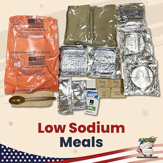 Humanitarian Daily Ration MRE Case – 5 US FEMA Emergency rations MRE Varieties - Low Sodium Pre cooked w/Entree, Side Dishes for Hunting, Camping & More, 10 pack, Inspection Date 1/2024 or Better.