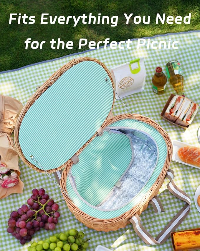 Picnic Basket Insulated with Lid, Extra Large Wicker Picnic Basket with Waterproof Insulated, Handwoven Portable Vintage Picnic Hamper 8.4 Gal(31.7L), Camping Outdoor Gifts Date, Natural
