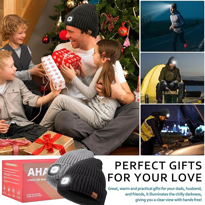 Beanie with Light for Men 2 Pack, Hat with Light Built in Rechargeable Winter Warm Knitted Headlamp Caps, Gift for Men Dads Husband Led Beanie Hats with Light(Black&Black)