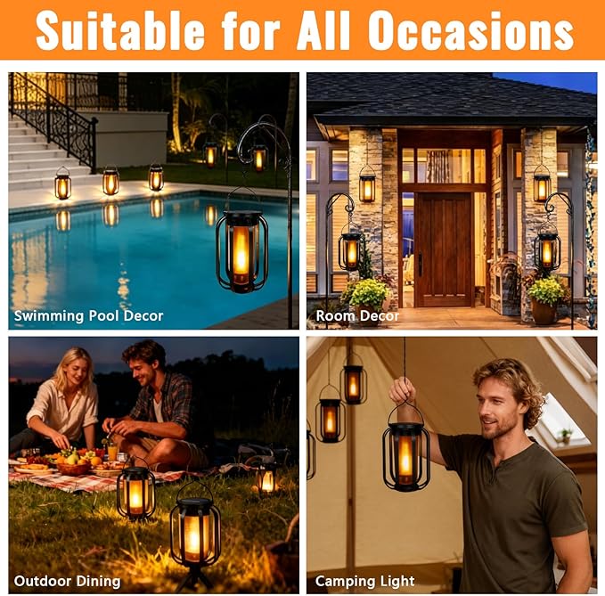 2 Pack Solar Lantern Lights Outdoor Waterproof Flickering Flame Light, Solar Lights with Dual Charging (USB/Solar) & 4 Modes Hanging Camping Light for Yard Patio Path Tree Porch Garden Decoration