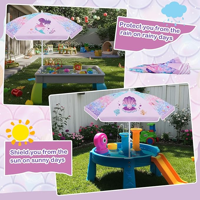 Sweetude Water Table Umbrella (Table Not Included), Kids Seaside Beach Umbrella Picnic Canopy for Summer Toddlers Sand Beach Camping Garden Outdoor Pool Shade Party Supply(Mermaid Theme)