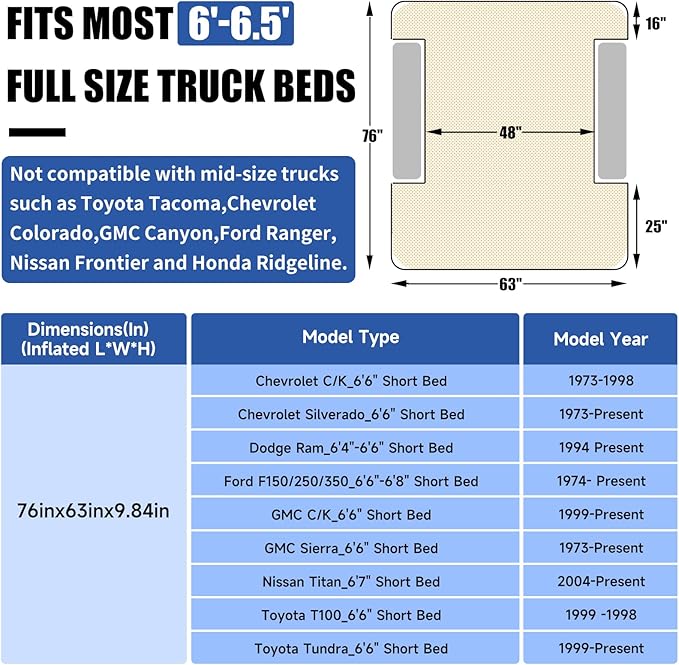 Umbrauto Truck Bed Air Mattress for 6-6.5ft Full Size Short Truck Beds, Inflatable Mattress with Pump, Pick Up Bed Air Mattress for Truck Tent Camping
