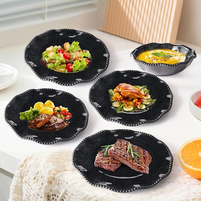 Melamine Dinnerware Sets Service for 4, Black Plates and Bowls Set with Beaded Edge, BPA Free Dishwasher Safe, Heavy Duty Shatterproof Unbreakable Tableware for Hallowmas Party Camping Outdoor