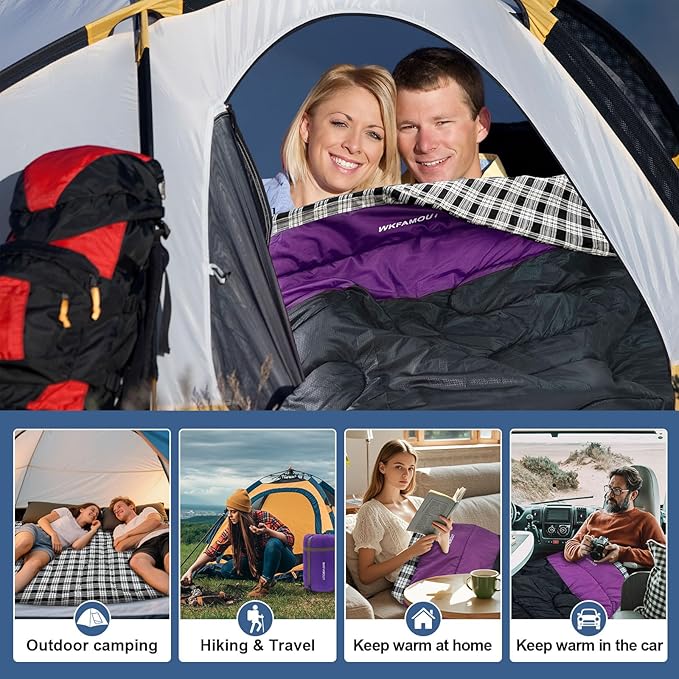 Double Sleeping Bag for Adults Machine Washable 2 Person Camping Sleeping Bag Queen Size Waterproof with Compression Sack for Cold Weather 3-4 Seasons