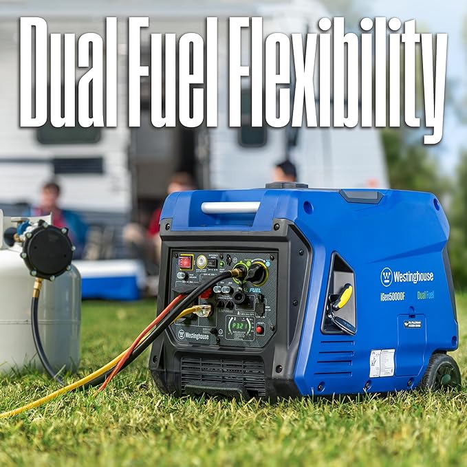 Westinghouse 5000 Peak Watt Super Quiet Dual Fuel Portable Inverter Generator, Remote Electric Start, Gas & Propane Powered, RV Ready 30A Outlet, Parallel Capable, Blue/Black