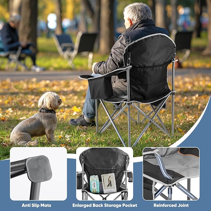 DUMOS Folding Camping Chairs, Outdoor Collapsible Padded Chairs with Cup Holder & Cooler Bag, Heavy Duty Portable Camping Chair for Garden Beach Fishing Sports, Blue
