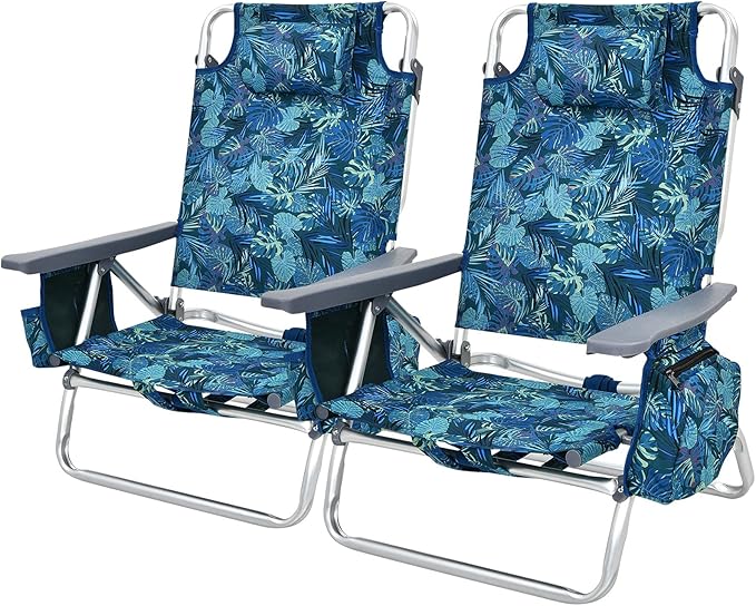 COSTWAY Backpack Beach Chairs, 2-Pack Portable Camping Chairs with Cup Holder, Ice Bag, 5-Position Outdoor Reclining Chairs for Adults, Travel, Sunbathing, Support 300 LBS, Navy