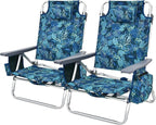 COSTWAY Backpack Beach Chairs, 2-Pack Portable Camping Chairs with Cup Holder, Ice Bag, 5-Position Outdoor Reclining Chairs for Adults, Travel, Sunbathing, Support 300 LBS, Navy