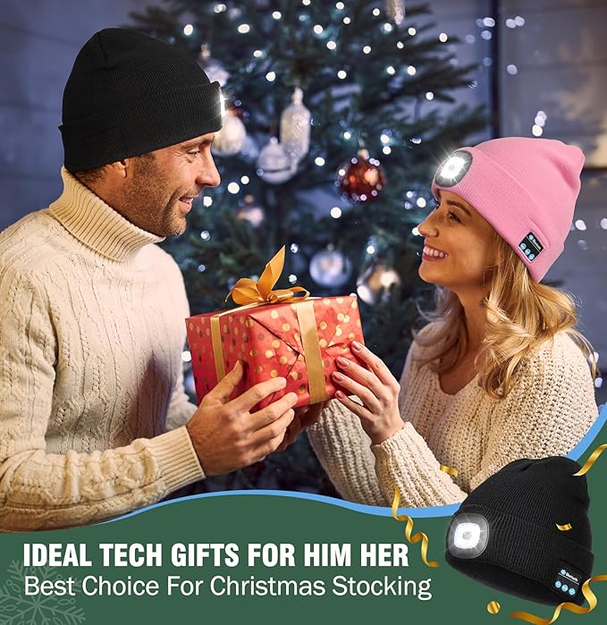 Wmcaps Stocking Cap Stuffers Bluetooth Beanie with A Light, 2-Pack Flashlight Headlamp Winter Hat Gifts for Men Women Dad Him