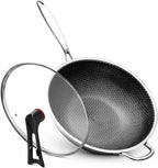 WANGYUANJI Stainless Steel Wok Pan with Lid, 12.6 Inch Honeycomb Hybrid Nonstick Stir Fry Pan, Tri-Ply Clad Skillet for Induction Electric Gas Stove, Dishwasher Safe, No Seasoning Needed (Serves 3-4)