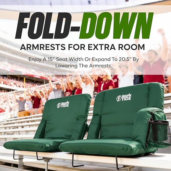 BRAWNTIDE Stadium Seat for Bleachers with Back Support - Wide Padded Reclining Bleacher Seat, Portable Folding Stadium Chair with Armrests, Hooks, Straps, Cup Holders & Pockets for Games & Concerts