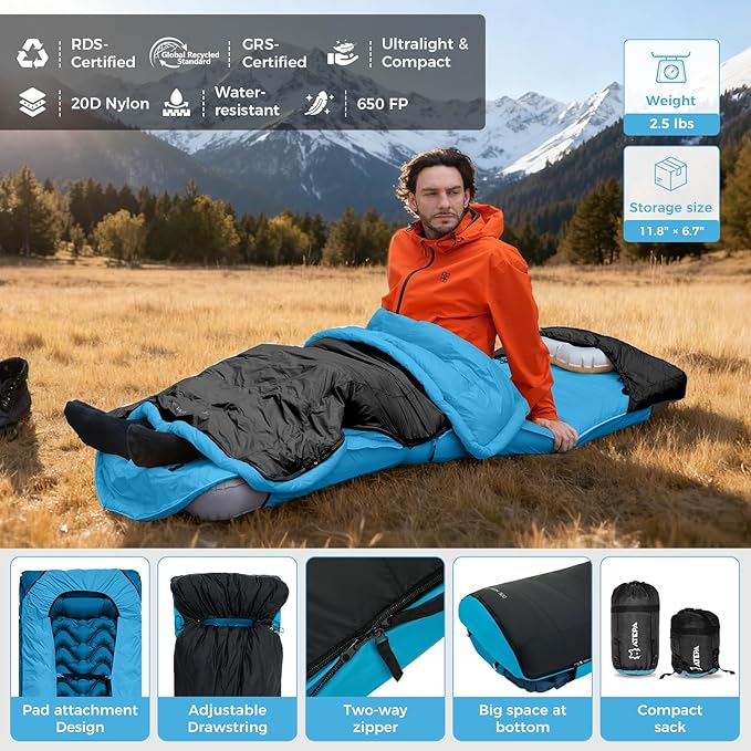 ATEPA Down Sleeping Bag for Adults, Recycled Ultralight 35°F 40°F 45°F 50°F 650FP / 700FP 3 Season Compact Sleeping Bags with Compression Sack for Backpacking Camping Hiking, Can Be Attached to Pad