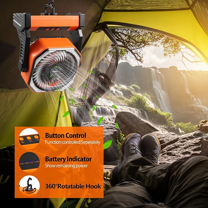 20000mAh Battery Powered Camping Fan, 58Hrs Rechargeable Portable Fan, 400LM Light, 360° Hook, Whisper Quiet Battery Operated Fan for Outdoor Car Travel Hurricane Camping Gear Essentials Power Outages