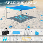 Rhino Valley Beach Tent Shade Canopy UPF50+ Protection, 8 Sandbags, 4 Stability Poles, Outdoor Sun Shelter Umbrella for Sand, Camping, Fishing Essentials