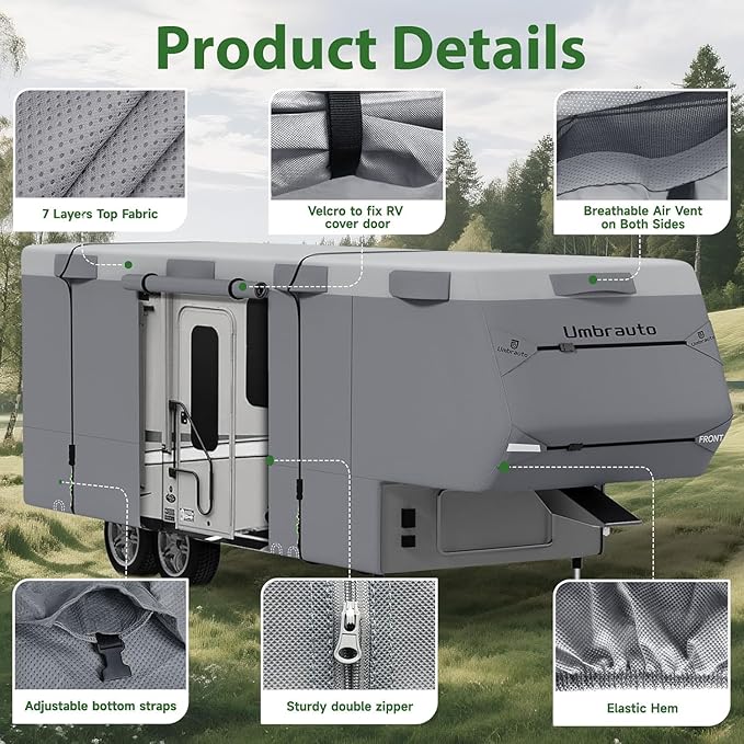 Umbrauto 5th Wheel RV Cover 31-34ft, 7 Layers Top Extra-Thick Fifth Wheel Cover, Waterproof Windproof Anti-UV Rip-Stop Toy Hauler Camper Cover with 2 Pcs Extra Straps, 6 Gutter Covers