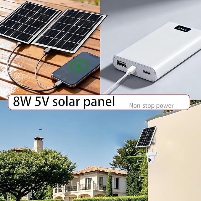 5V 16W Solar Panel for Security Camera IP65 Waterproof USB Solar Panel Charger Type-C Port、Micro USB Port＆DC Port Solar Sanels for Cameras with 9.8ft Charging Cable(8W black-2pack)