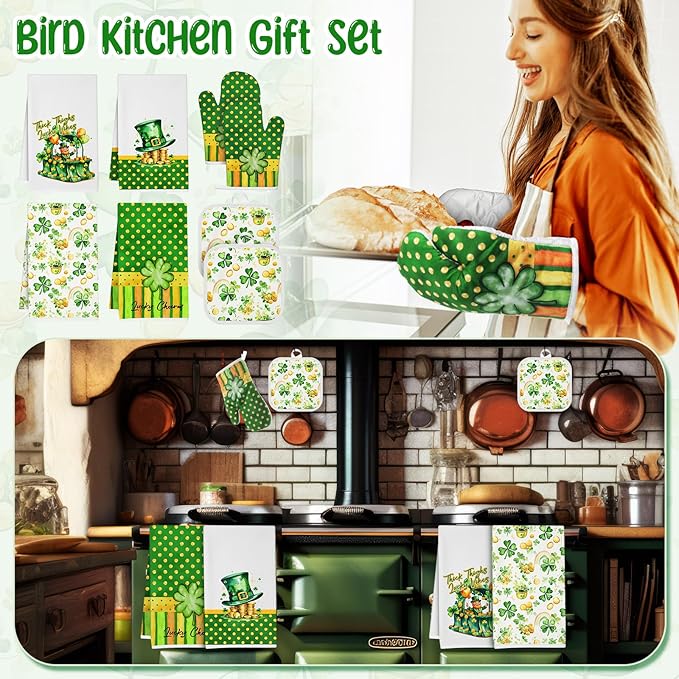 8 Pcs St Patrick Day Kitchen Decor Set 4 Four Leaf Clover Dish Towel 2 Pot Holder 2 Oven Mitt Tent for Car Irish Hat Kitchen Accessories Rv Campers Home Decorations