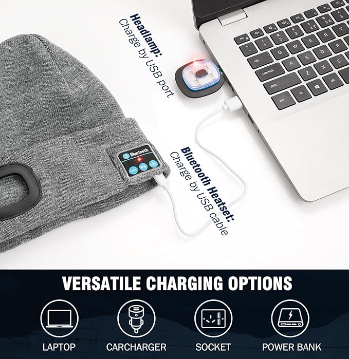 Wmcaps Stocking Cap Stuffers Bluetooth Beanie with A Light, 2-Pack Flashlight Headlamp Winter Hat Gifts for Men Women Dad Him