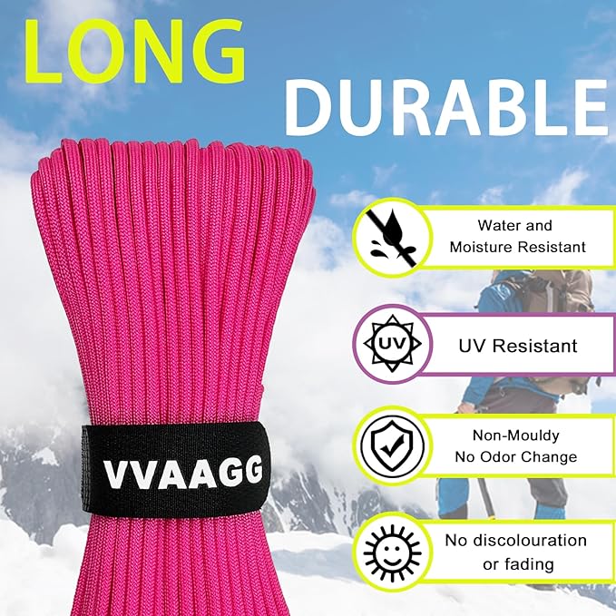 VVAAGG 1000 Paracord Rope, 50ft 12 Strand Parachute Cord for Crafting, DIY Projects, Survival Bracelets,Camping, Tent,Outdoor Hiking, Fishing (Pink, 50FT)