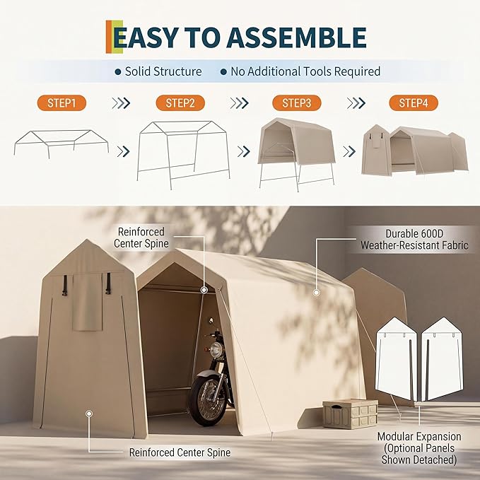 6x6FT Carport, Heavy Duty Motorcycle Shed with Waterproof PE Tarp, Portable Outdoor Storage Shed for Bikes and Firewood, All-Weather Car Shelter with Roll-Up Zipper Door, 6x6FT, Gray
