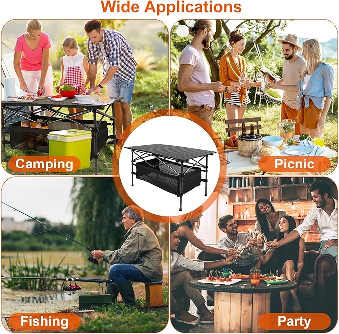 Folding Camping Table, Portable Aluminum Roll-up Lightweight Picnic Table with Large Storage Basket and Carrying Bag for Camping, Picnic, BBQ, Beach, Party, Backyard