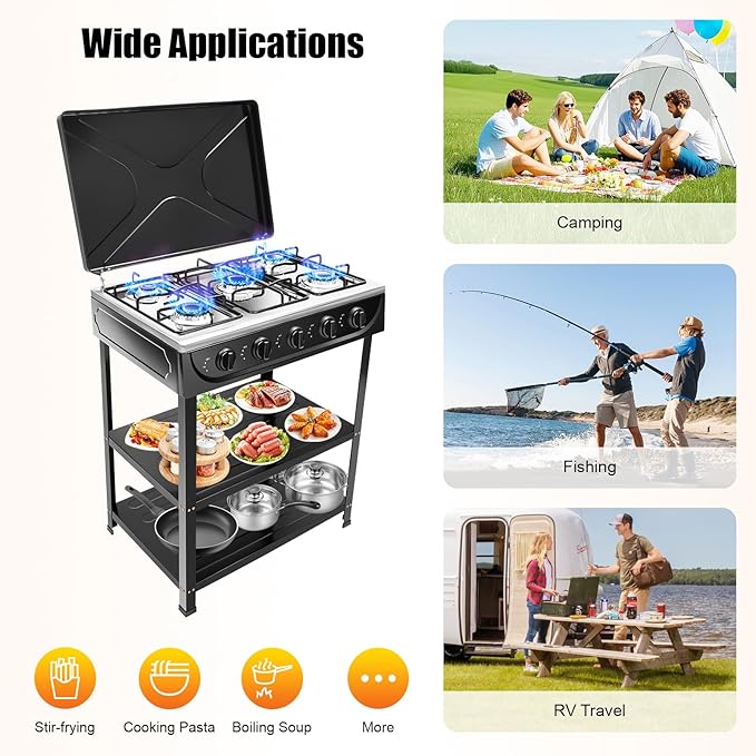 Propane Camping Stove, 5 Burners Portable Gas Grills for Outdoor Cooking RV with Storage Stand, Heavy Duty Stainless Steel Gas Stove with Wind Blocking Cover for Garden BBQ (Black 5 Burners)