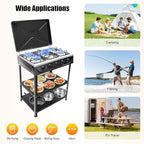5 Burner Gas Stove Portable Natural Gas Camping Grill Stove Floor Standing Cooktop Cooker with Storage Stand and Wind Blocking Cover Manual Ignition for Outdoor RV (Black)