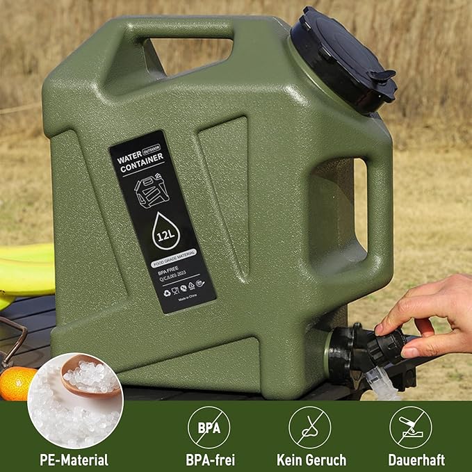 3.2 Gallon Water Jug,12L Portable Water Container with Spigot, Cleaning Brush, Detachable Hose & Extra Lid, Dual Handles Design, BPA-Free Camping Hydration Canteen, Outdoor Tank Storage PE - Green