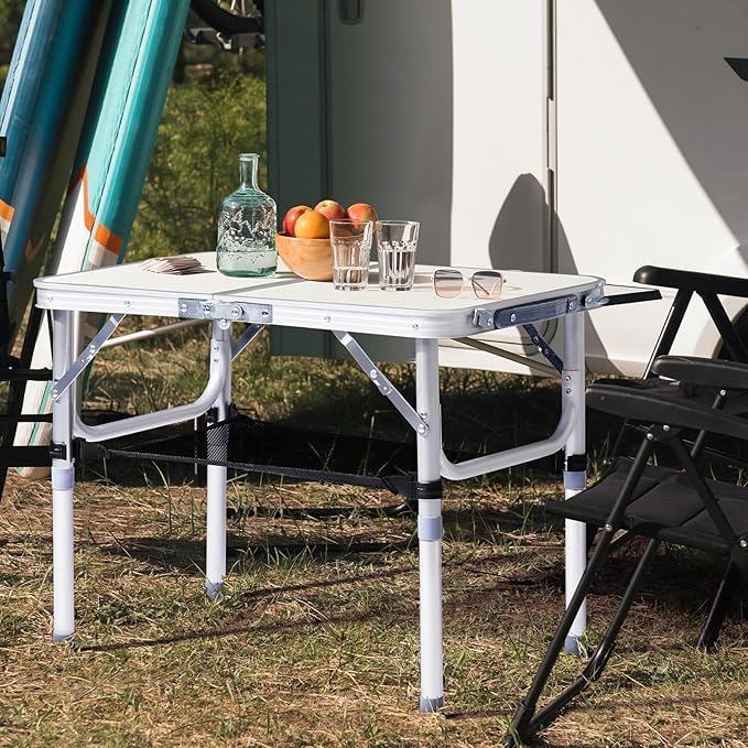 Outvita Folding Table, 2FT Aluminum Camping Table with Storage Adjustable Height Picnic Table Lightweight for Carring Outdoor Party Events Beach