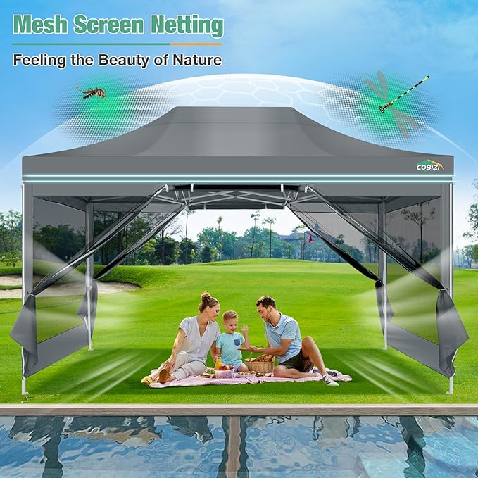 COBIZI 10x15 Heavy Duty Pop-Up Canopy Tent With Sidewalls, Waterproof Easy Setup, Mosquito Netting, Outdoor Instant Screen for Parties, Wedding, Backyard - Carry Bag Included, Gray