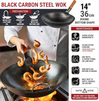 YOSUKATA 14" Carbon Steel Wok with Round Bottom – Pre-Seasoned Pow Wok for Stir Fry – Traditional Chinese Japanese Black Steel Pan – Outdoor Cookware for Gas Stovetops, Open Fire, BBQ, Camping