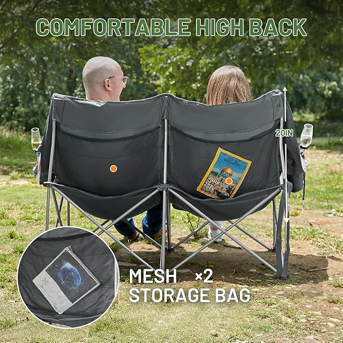 Timber Ridge Double Camping Chair, Heavy Duty Outdoor Folding Camp Couch, Loveseat Camping Chairs Perfect for Campsites, Patio/Lawn, Soccer Games or Other Youth Sports, Supports 600 lbs
