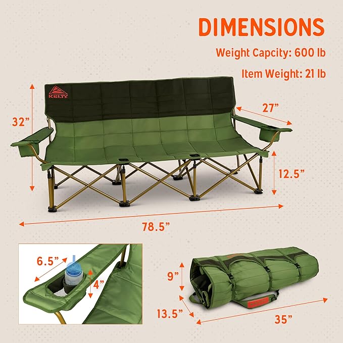 Kelty Lowdown Couch - 3 Person Capacity Camping Chair, Extra Large and Sturdy Bench for Campsites, Soccer Games, and Backyard Parties