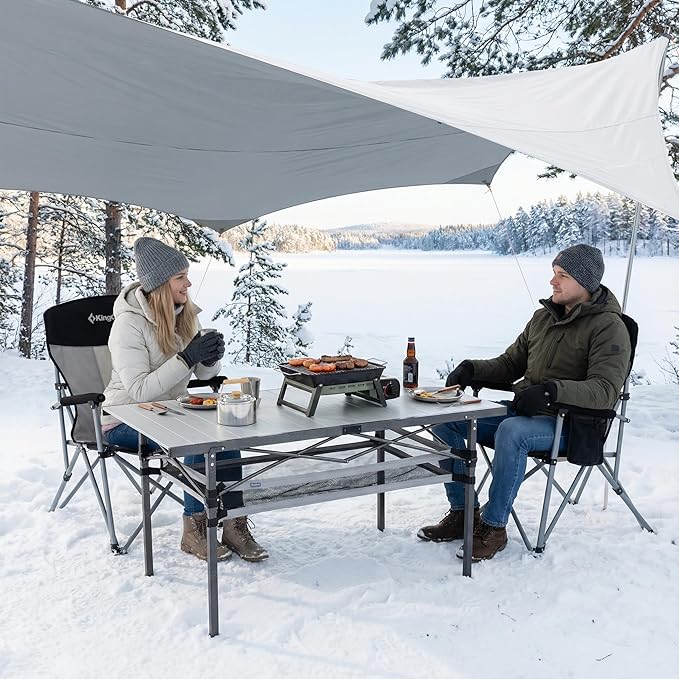 KingCamp Folding Camping Table, Aluminum Roll-Up Camp Table, Large Foldable Table for 4-6 Person, Outdoor Portable Tables with Carry Bag, 180 LBS Heavy Duty Load (Silver+Mesh：53.5" × 27.5")