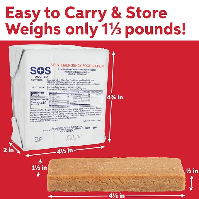 SOS Food Lab Emergency Food Bar - 3600 Calorie Ration (8 Pack Shortbread Cookie) - 3 Day/72 Hour Ready to Eat Supply for Camping, Hiking, Disaster Preparedness - 5 Year Shelf Life Energy Survival Food