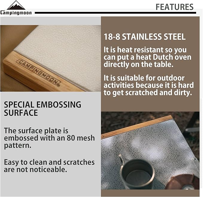 CAMPINGMOON Camping Side Table Heat-Resisting Stainless Steel Embossing Process for Outdoor Table Top Grill T-370