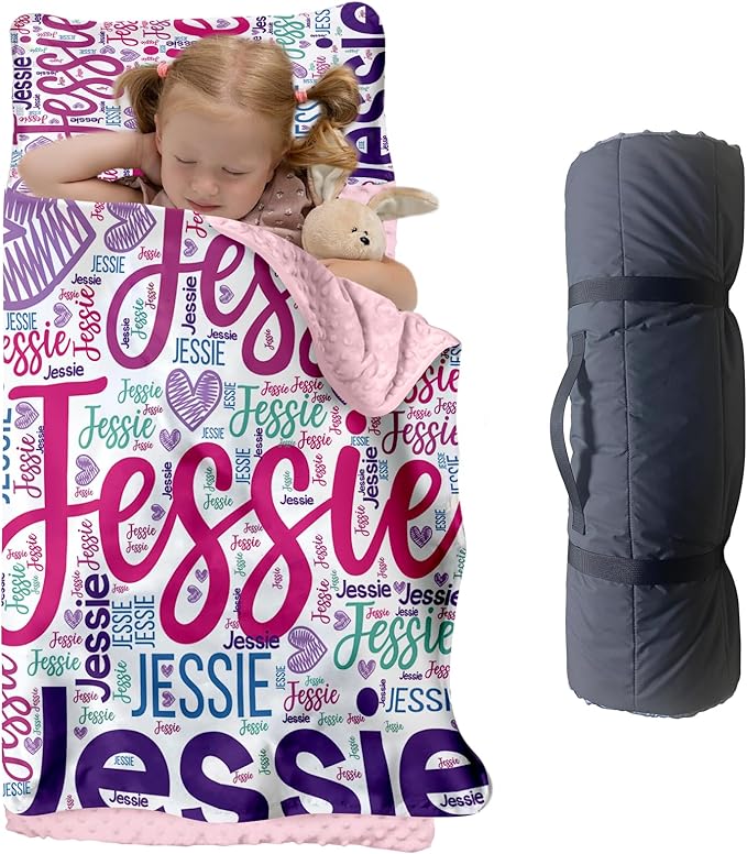 Personalized Toddler Nap Mat for Preschool, Custom Name Kids Sleeping Bag for Daycare, Kindergarten Roll Up Sleeping Mat with Removable Pillow and Soft Blanket, Fun Themes for Boys & Girls