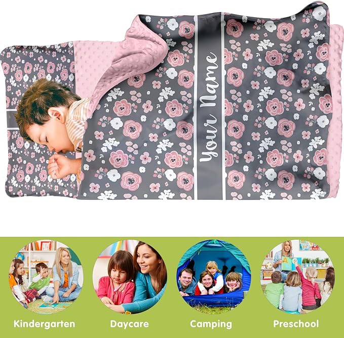 Personalized Toddler Nap Mat for Preschool, Custom Name Kids Sleeping Bag for Daycare, Kindergarten Roll Up Sleeping Mat with Removable Pillow and Soft Blanket, Fun Themes for Boys & Girls