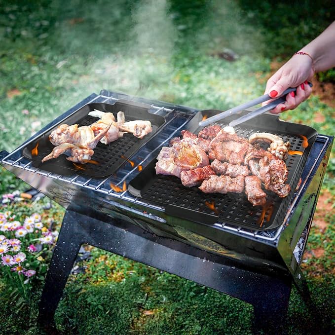 2 Pack Grill Pans, Nonstick Grill Topper for Outdoor Grill, BBQ Grilling Baskets with Perforated Bottom, Heavy Duty Carbon Steel Grill Grid for Cooking Camping, 16.5" x 10" and 13" x 7.4"