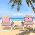 GYMAX Beach Chairs, Backpack Camping Chair with Armrest, Cooler Bag, Cup Holder, Towel Bar & Side Pockets, Sunbath Sling Tanning Lounge, Folding Layout Chair (with Table, Pink)