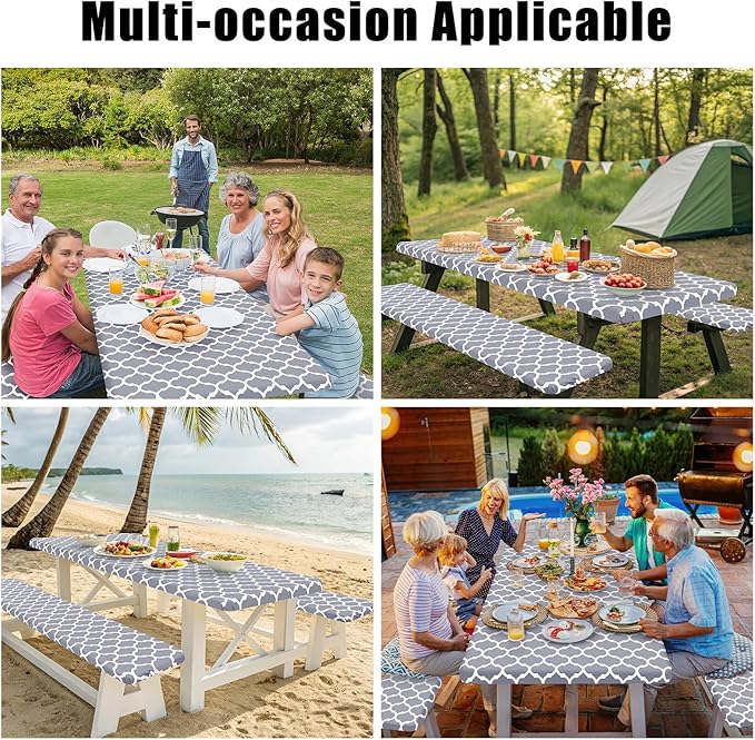 Smiry Picnic Table Cover with Bench Covers, Waterproof Elastic Fitted Tablecloth for 6 Foot Tables, Washable Polyester Tablecloths for Camping, Indoor & Outdoor (Grey, 30x72 Inch 3-pc Set)