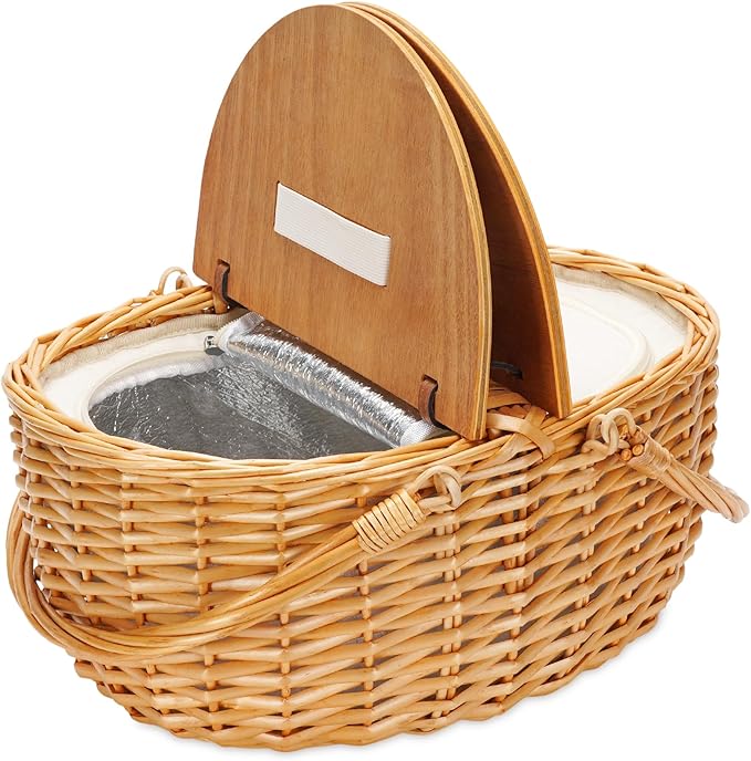 ZORMY 15" Cooler Picnic Basket with Blanket, Wooden Split Lid Picnic Basket, Vintage-Style Wicker Picnic Hamper with Folding Woven Handle for Picnic, Camping