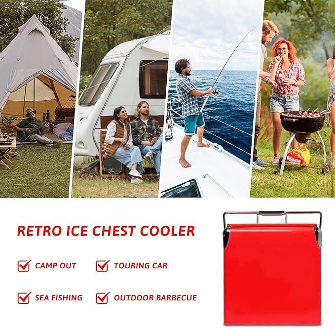 Retro Ice Chest Cooler with Bottle Opener 13L (14Qt), Stainless Steel Vintage Style Ice Bucket for Camping, Party, Beach, Picnic, RV, BBQ, Tailgating, Fishing