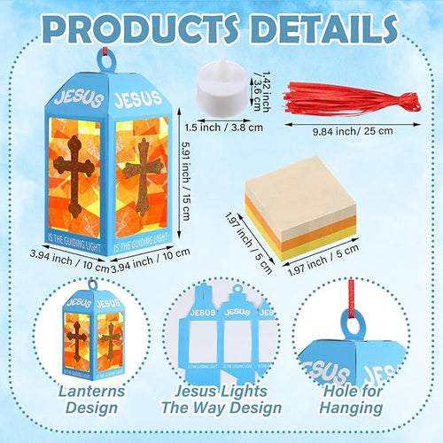 12 Sets Easter Crafts Religious Lanterns Crafts with LED Candles Lights Jesus Lights The Way Sunday School Tissue Paper DIY Oil Lamp Cross Hanging Ornament VSB Church Activity