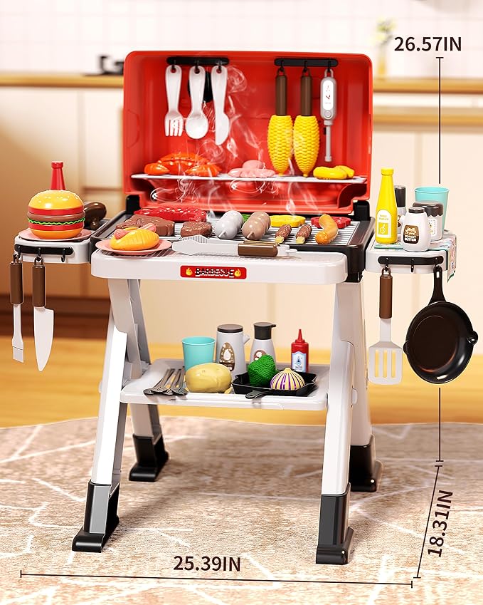 Kids BBQ Grill Playset 60Pcs with Real Steam, Sound & Light - Interactive Pretend Play Kitchen Cooking Toy for Boys Girls Ages 4-8 - Indoor Outdoor Backyard Barbecue Camping Set Birthday Gifts